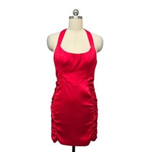 Hello Molly Red Satin Halter Ruched Bodycon Mini Dress Womens Size 8